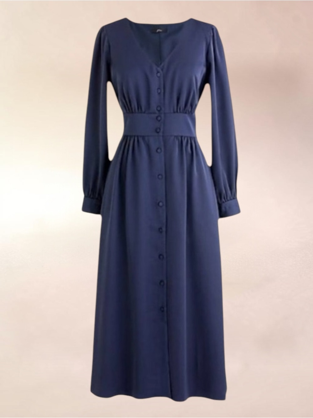 J. Crew Navy Blue Satin
Button Front Long Sleeve V-Neck
Midi Dress Size 4